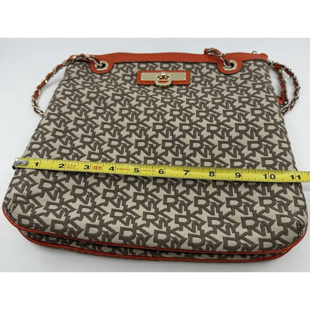 DKNY Shoulder Bag Purse Brown Canvas Orange Leather Gold Chain